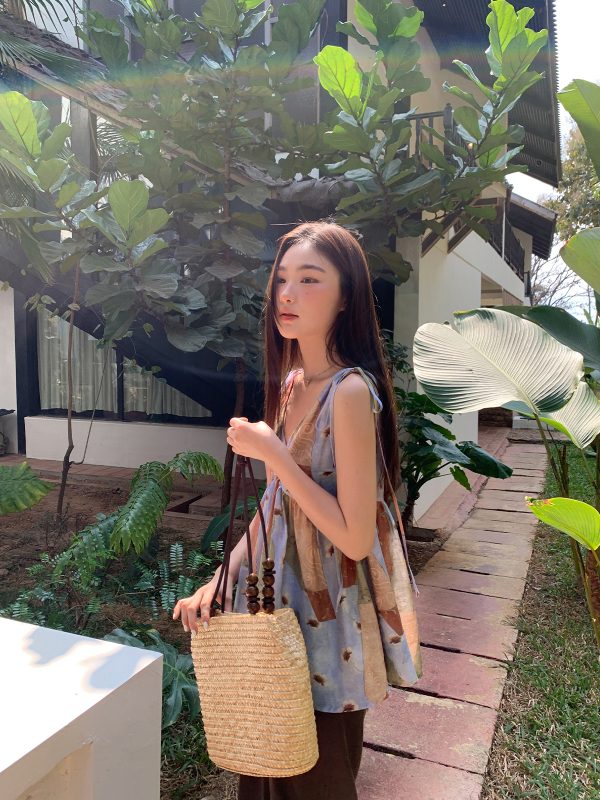 Artistic Printed Sleeveless Top with Shoulder Ties for Women - Casual Summer Beach Top, Perfect for Vacation Style
