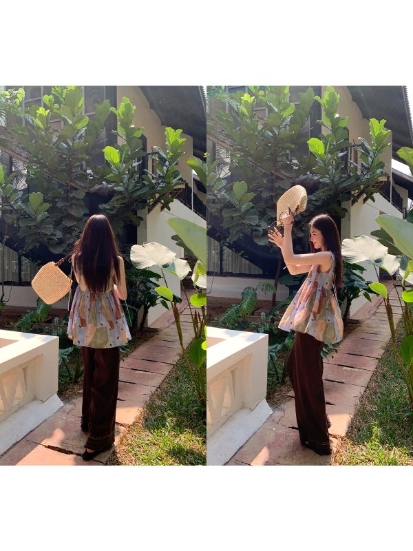 Artistic Printed Sleeveless Top with Shoulder Ties for Women - Casual Summer Beach Top, Perfect for Vacation Style