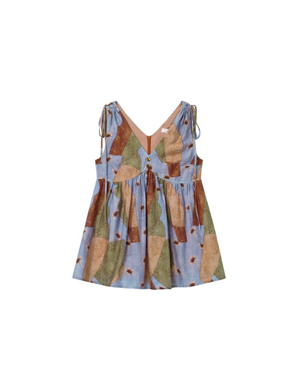 Artistic Printed Sleeveless Top with Shoulder Ties for Women - Casual Summer Beach Top, Perfect for Vacation Style