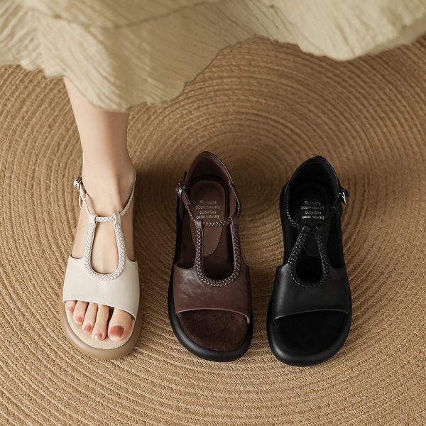 Artistic Retro College Style Women's Genuine Leather Sandals - Casual Thick-Soled Height-Increasing Beach Shoes