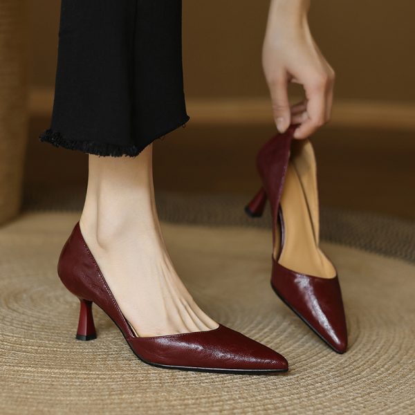 Artistic Retro Genuine Leather High Heels for Women - Pointed Toe, Shallow Mouth, Thin Commuting Shoes, French Style