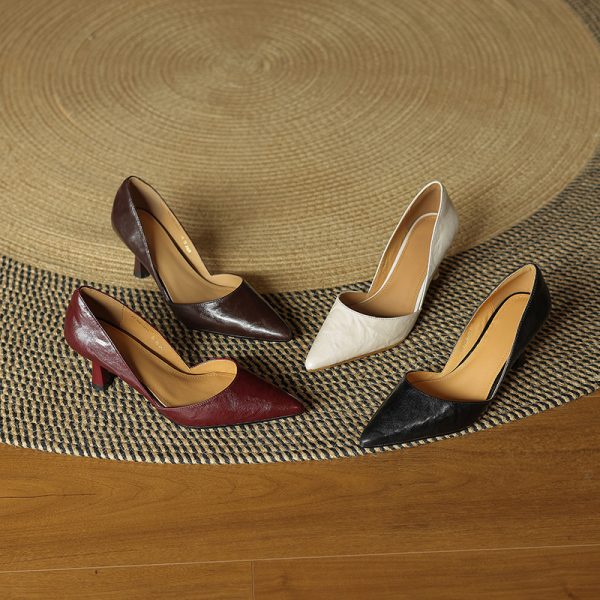 Artistic Retro Genuine Leather High Heels for Women - Pointed Toe, Shallow Mouth, Thin Commuting Shoes, French Style