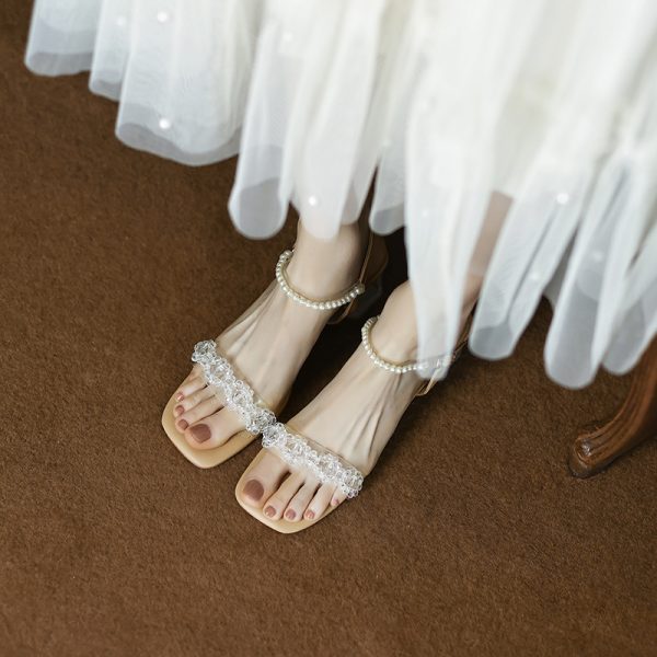 Artistic Slim Pearl Crystal Mid-Heel Square-Toe One-Strap Sandals for Women - Fairy Style Summer Footwear