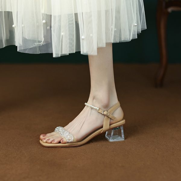 Artistic Slim Pearl Crystal Mid-Heel Square-Toe One-Strap Sandals for Women - Fairy Style Summer Footwear