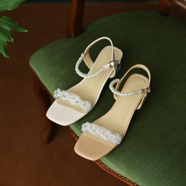 Artistic Slim Pearl Crystal Mid-Heel Square-Toe One-Strap Sandals for Women - Fairy Style Summer Footwear