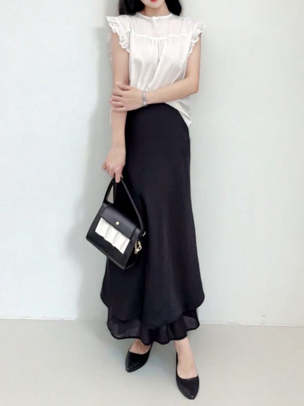 Asymmetrical Fishtail A-Line Mid-Length Skirt with Elastic Waist, Slimming Patchwork Chiffon Ruffles for Spring-Summer Fashion