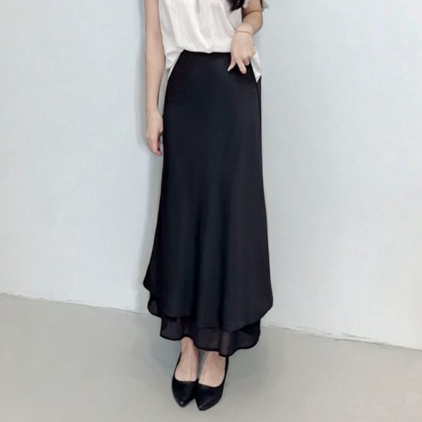 Asymmetrical Fishtail A-Line Mid-Length Skirt with Elastic Waist, Slimming Patchwork Chiffon Ruffles for Spring-Summer Fashion