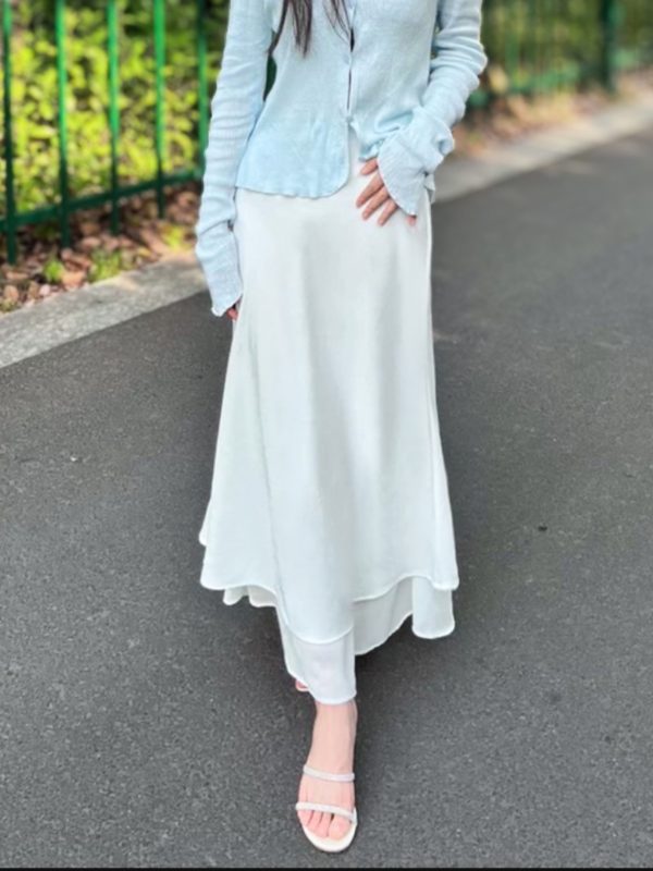 Asymmetrical Fishtail A-Line Mid-Length Skirt with Elastic Waist, Slimming Patchwork Chiffon Ruffles for Spring-Summer Fashion