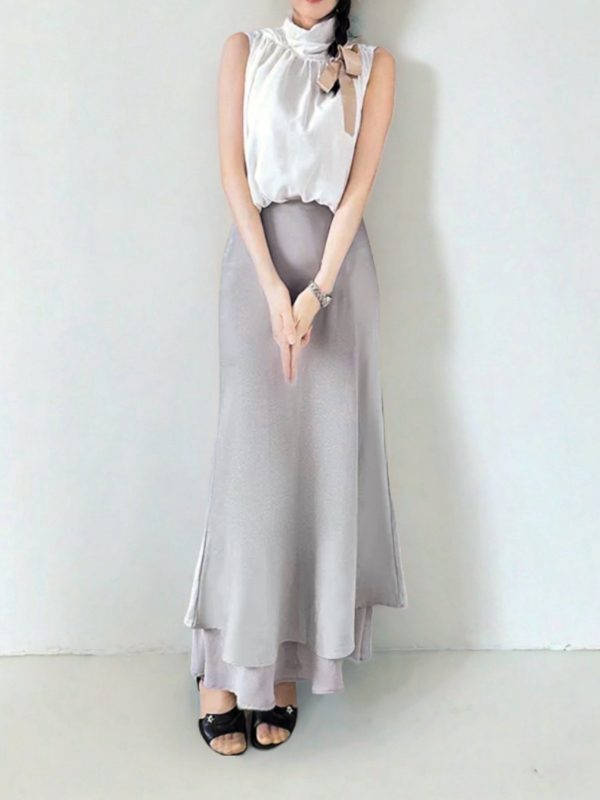 Asymmetrical Fishtail A-Line Mid-Length Skirt with Elastic Waist, Slimming Patchwork Chiffon Ruffles for Spring-Summer Fashion