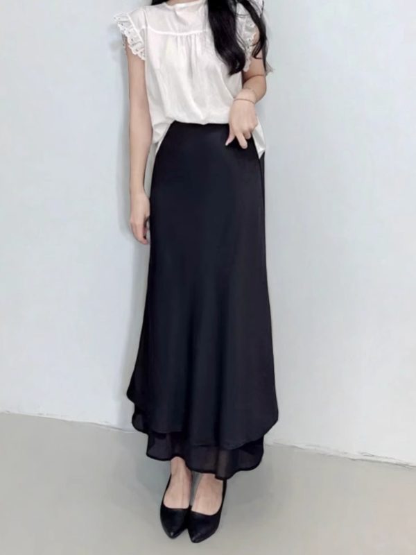 Asymmetrical Fishtail A-Line Mid-Length Skirt with Elastic Waist, Slimming Patchwork Chiffon Ruffles for Spring-Summer Fashion