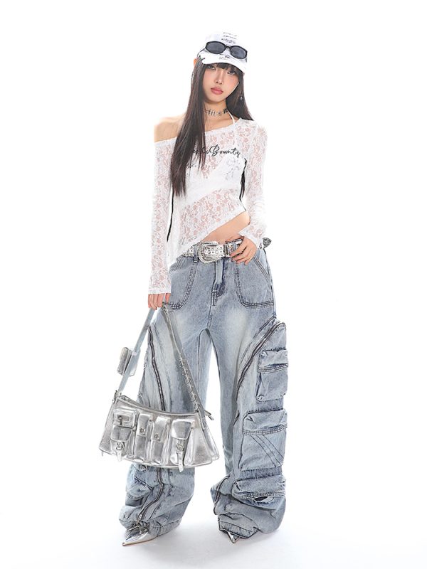 Asymmetrical Lace Cover-Up Top with Striped Embroidery - Slim Fit Long Sleeve Irregular Design for Trendy Hot Girls
