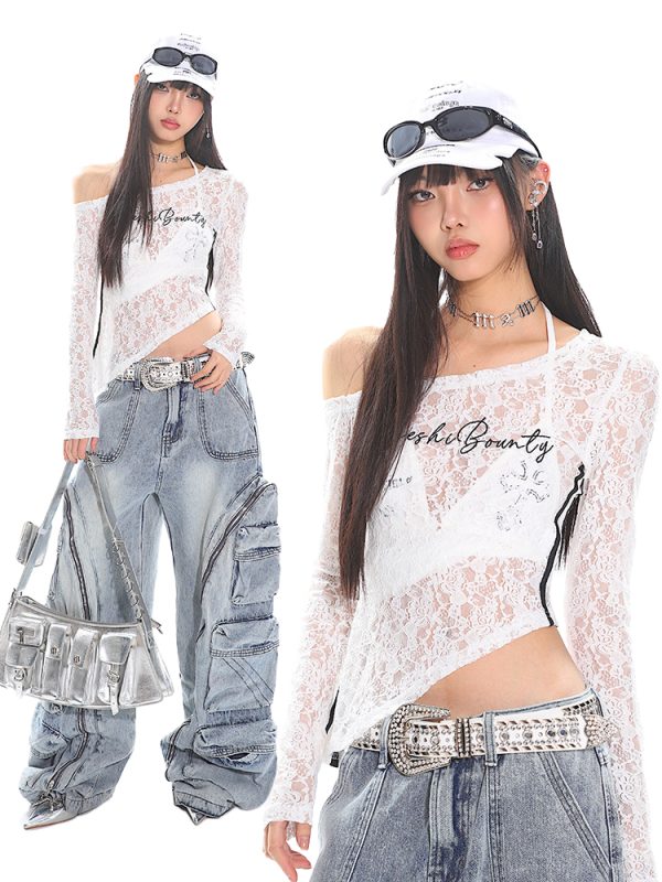 Asymmetrical Lace Cover-Up Top with Striped Embroidery - Slim Fit Long Sleeve Irregular Design for Trendy Hot Girls