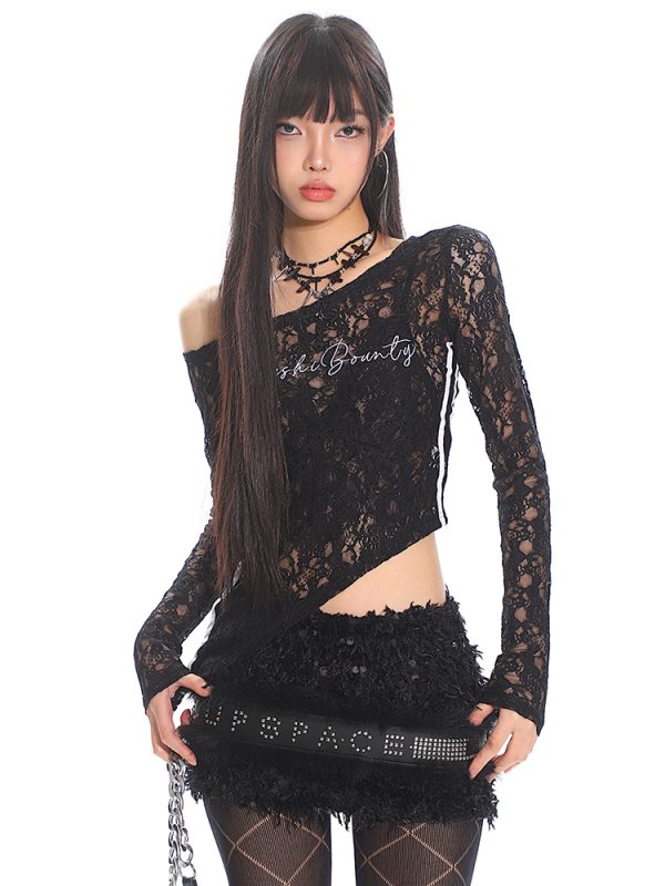 Asymmetrical Lace Cover-Up Top with Striped Embroidery - Slim Fit Long Sleeve Irregular Design for Trendy Hot Girls