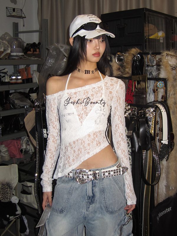 Asymmetrical Lace Cover-Up Top with Striped Embroidery - Slim Fit Long Sleeve Irregular Design for Trendy Hot Girls