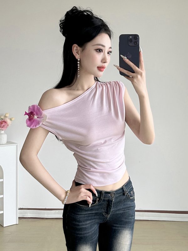 Asymmetrical Off-Shoulder 3D Flower Butterfly Orchid Top - Women's Summer Fresh Waist-Defining T-Shirt, Y2K Style