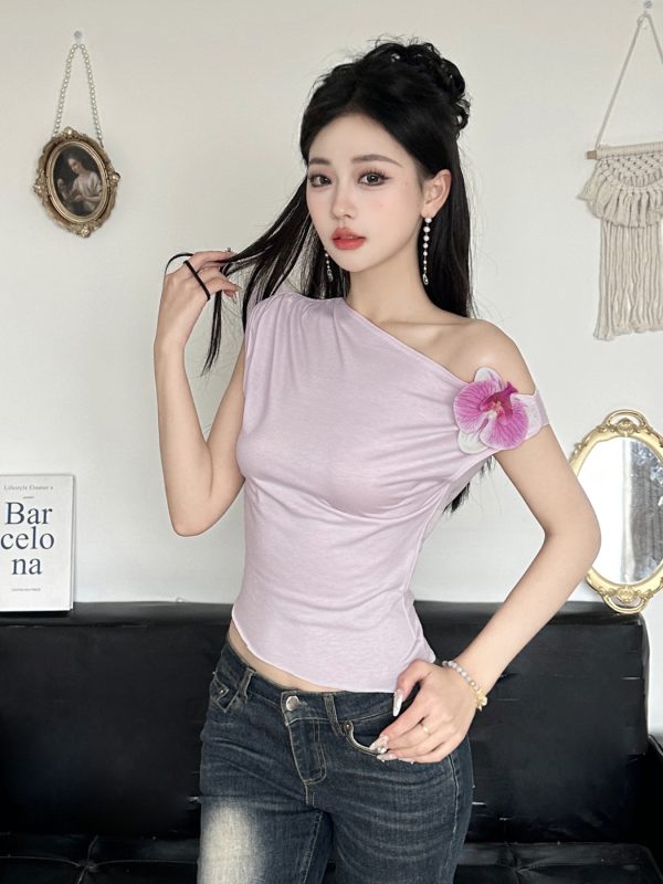 Asymmetrical Off-Shoulder 3D Flower Butterfly Orchid Top - Women's Summer Fresh Waist-Defining T-Shirt, Y2K Style