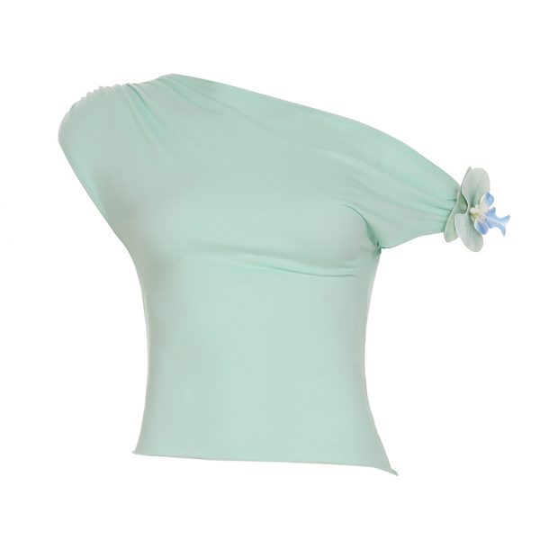 Asymmetrical Off-Shoulder 3D Flower Butterfly Orchid Top - Women's Summer Fresh Waist-Defining T-Shirt, Y2K Style