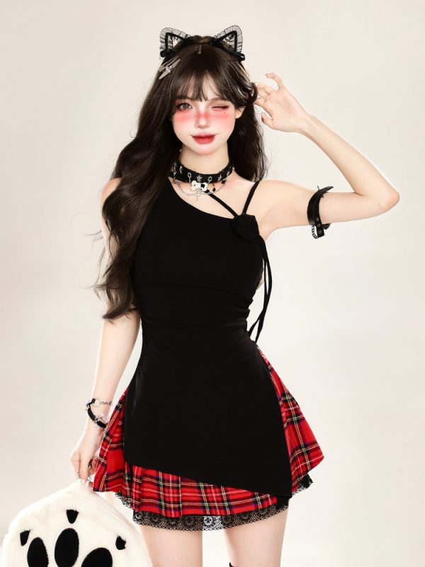 Asymmetrical Off-Shoulder Sleeveless T-Shirt for Women - Irregular Red Slim Fit Top, Y2K Summer Style