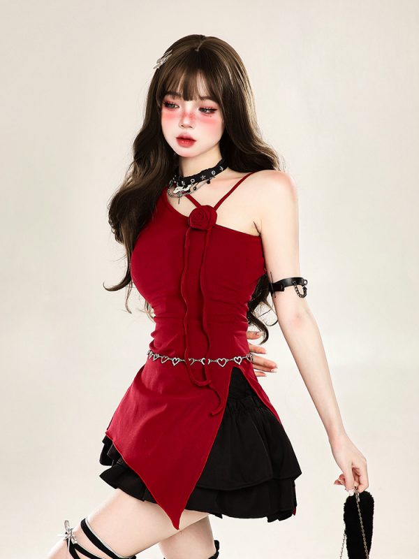 Asymmetrical Off-Shoulder Sleeveless T-Shirt for Women - Irregular Red Slim Fit Top, Y2K Summer Style