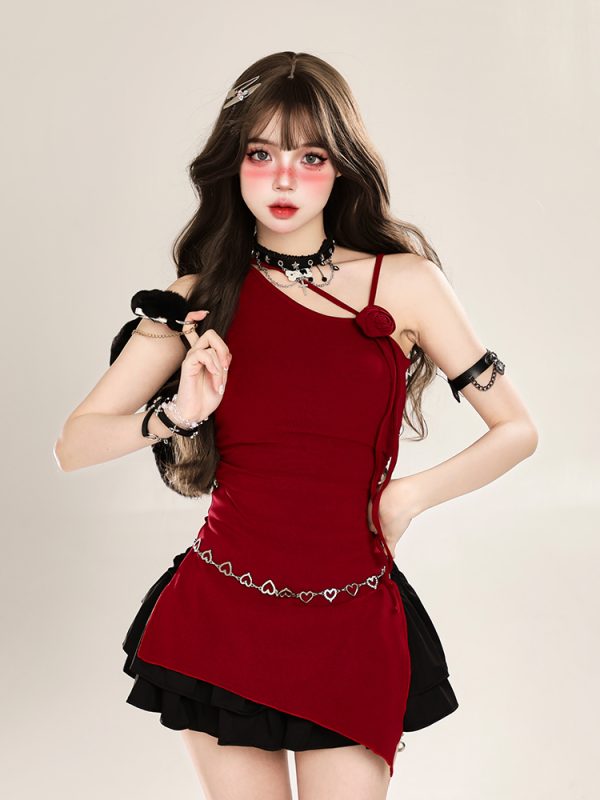 Asymmetrical Off-Shoulder Sleeveless T-Shirt for Women - Irregular Red Slim Fit Top, Y2K Summer Style