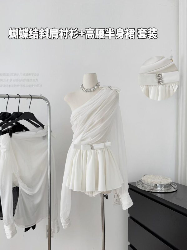 Asymmetrical Ruffled Semi-Transparent Set - Women's Romantic Love Shirt & Skirt Pants - Y2K Style Christmas Outfit