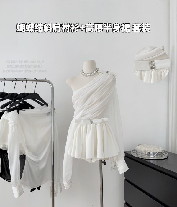 Asymmetrical Ruffled Semi-Transparent Set - Women's Romantic Love Shirt & Skirt Pants - Y2K Style Christmas Outfit
