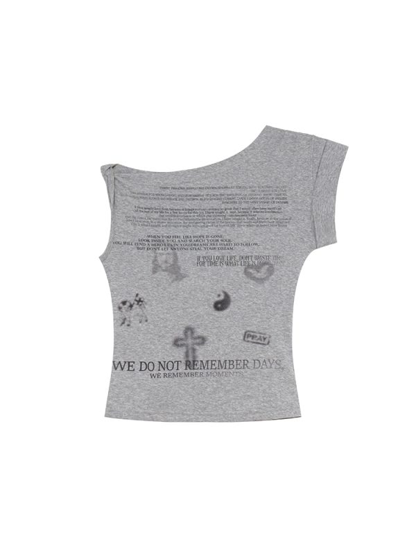 Asymmetrical Shoulder Digital Print T-Shirt for Women - Summer 2025 Slim Fit Elegant Top, Trendy 90s Style