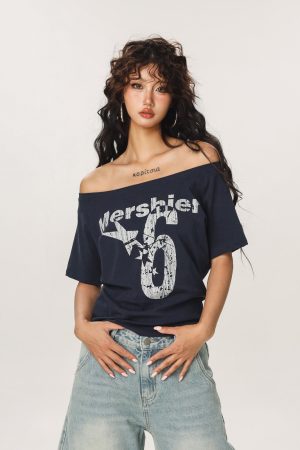 Asymmetrical Shoulder Sexy Short Sleeve T-Shirt for Women - Summer Slim Fit Beer Team Captain American Design, Y2K Style