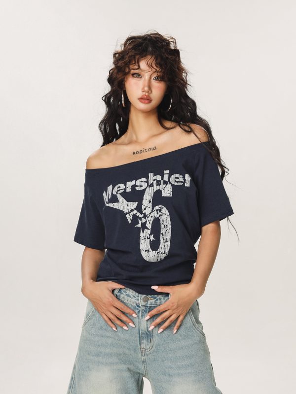 Asymmetrical Shoulder Sexy Short Sleeve T-Shirt for Women - Summer Slim Fit Beer Team Captain American Design, Y2K Style