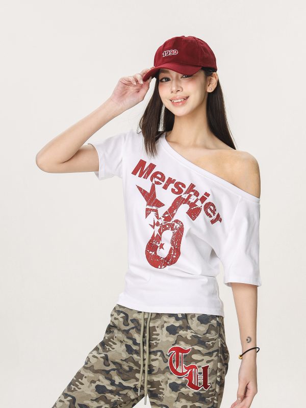 Asymmetrical Shoulder Sexy Short Sleeve T-Shirt for Women - Summer Slim Fit Beer Team Captain American Design, Y2K Style