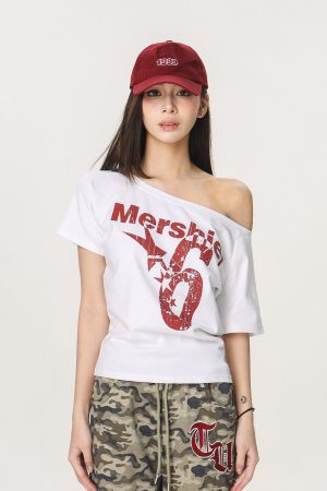 Asymmetrical Shoulder Sexy Short Sleeve T-Shirt for Women - Summer Slim Fit Beer Team Captain American Design, Y2K Style