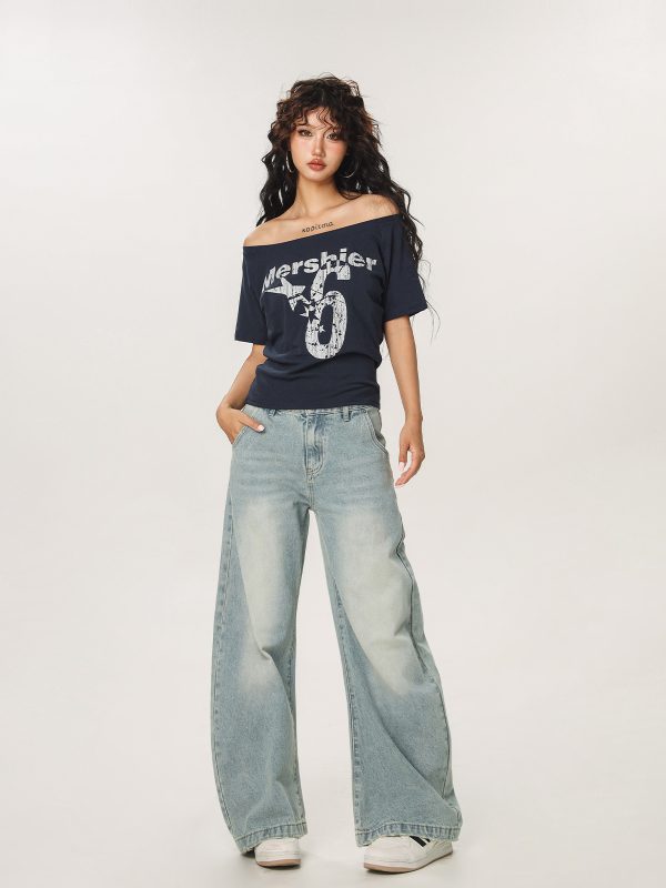 Asymmetrical Shoulder Sexy Short Sleeve T-Shirt for Women - Summer Slim Fit Beer Team Captain American Design, Y2K Style