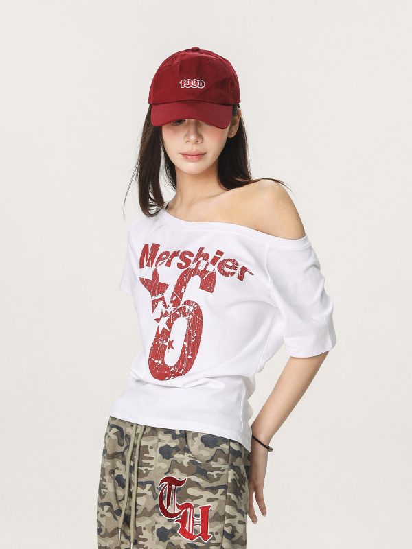 Asymmetrical Shoulder Sexy Short Sleeve T-Shirt for Women - Summer Slim Fit Beer Team Captain American Design, Y2K Style