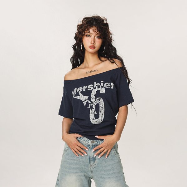 Asymmetrical Shoulder Sexy Short Sleeve T-Shirt for Women - Summer Slim Fit Beer Team Captain American Design, Y2K Style