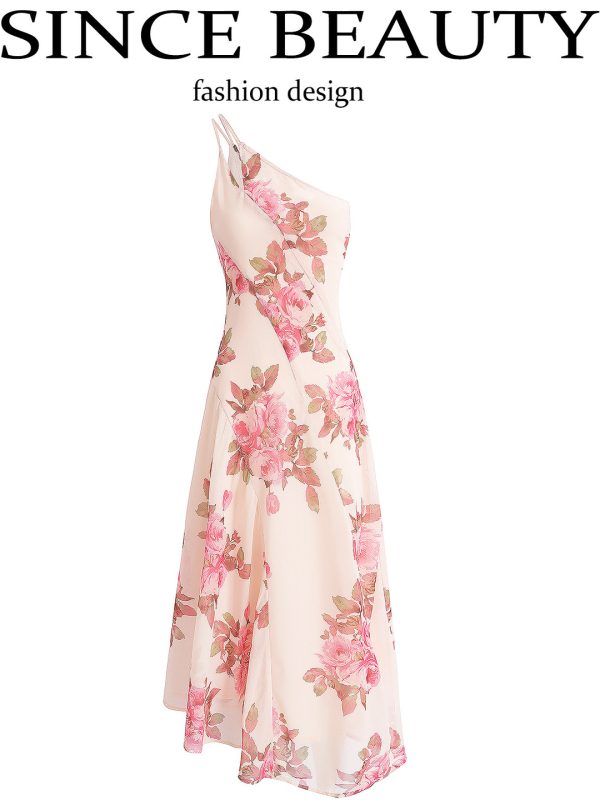 Asymmetrical Shoulder Strap Printed Dress for Women - 2025 Summer Vacation Style, Trendy Long Skirt, Chic French Design