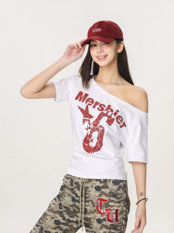 Asymmetrical Slim Fit Short Sleeve T-Shirt for Women - Spicy Girl American Style Summer Top, Unique 90s Inspired Fashion