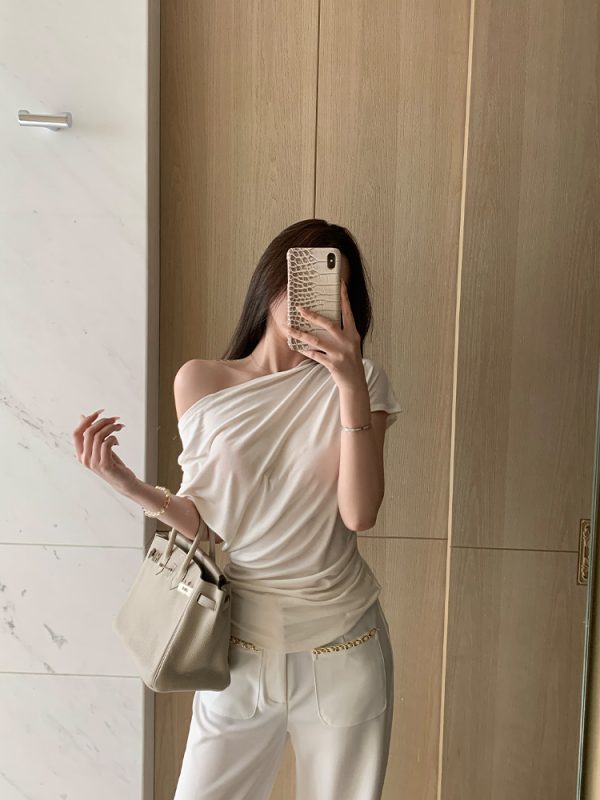 Asymmetrical Slim Fit Short Sleeve T-Shirt for Women - Summer Elastic Top, Natural Beauty Formula, Casual Chic Style