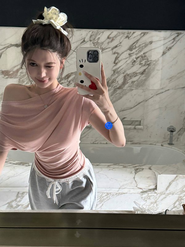 Asymmetrical Slim Fit Short Sleeve T-Shirt for Women - Summer Elastic Top, Natural Beauty Formula, Casual Chic Style