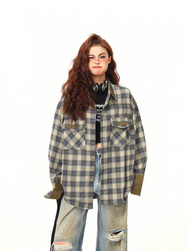 Autumn Plaid Color-Block Long Sleeve Shirt for Women - Retro Patchwork Loose Blouse in 90s Style