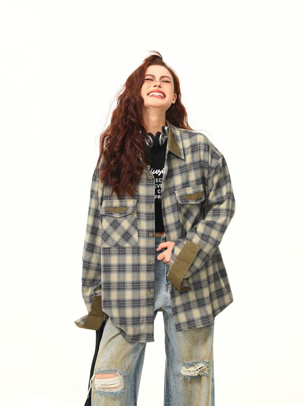 Autumn Plaid Color-Block Long Sleeve Shirt for Women - Retro Patchwork Loose Blouse in 90s Style