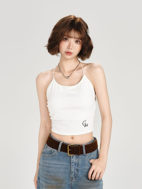 Backless American Retro Camisole for Women - Summer Style with Built-In Padding, Short Inner Top, Chic and Girly Design