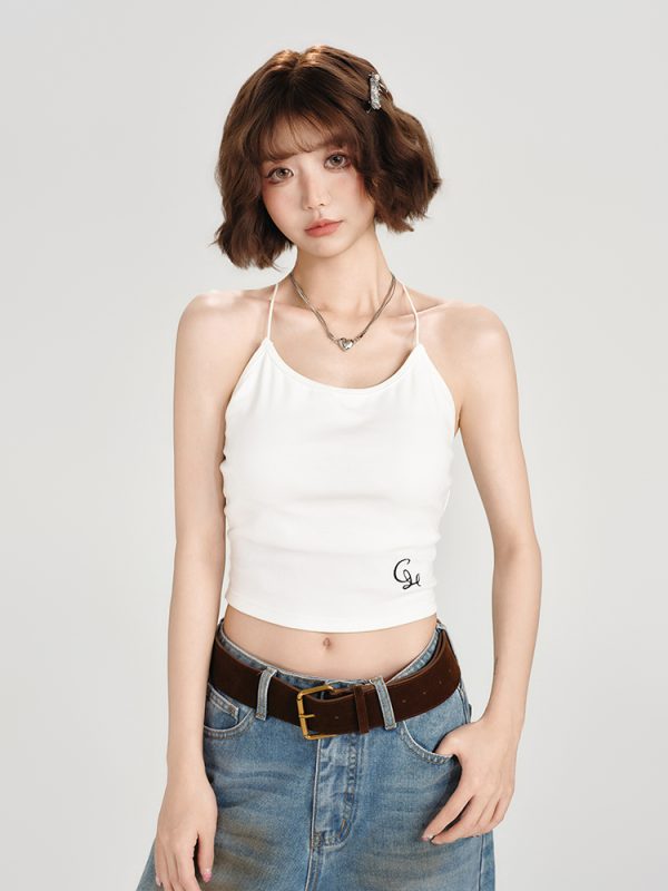 Backless American Retro Camisole for Women - Summer Style with Built-In Padding, Short Inner Top, Chic and Girly Design