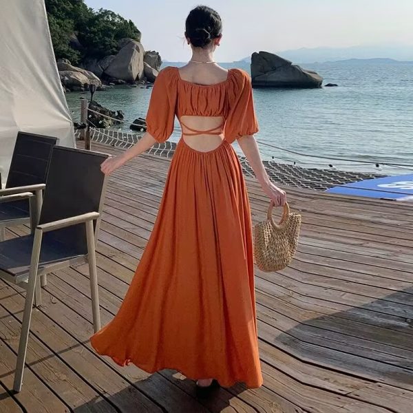 Backless Blue Prairie Dress with High Slit and Square Neck - Vintage French Vacation Style with Large Skirt