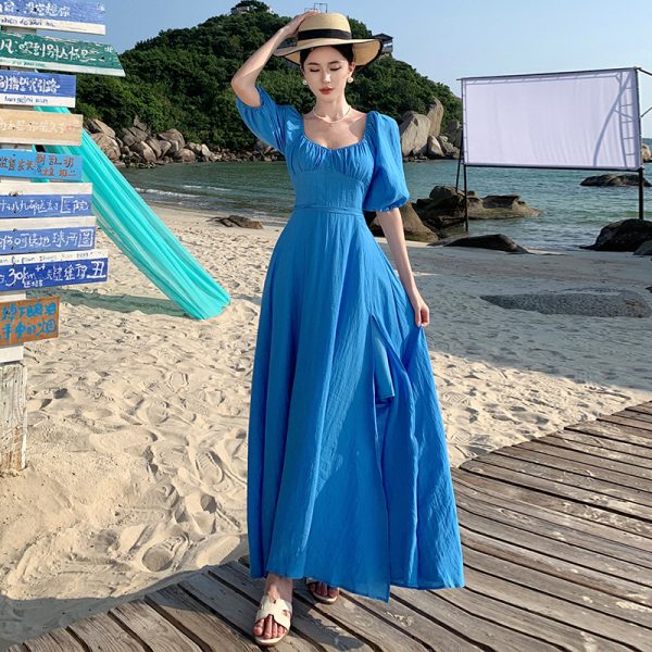 Backless Blue Prairie Dress with High Slit and Square Neck - Vintage French Vacation Style with Large Skirt