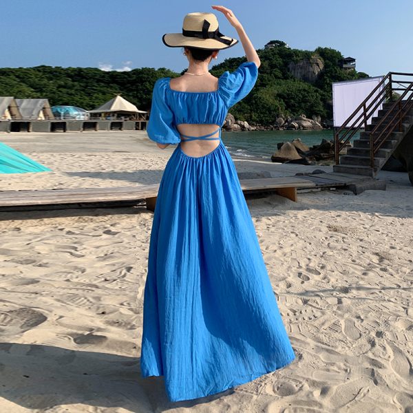 Backless Blue Prairie Dress with High Slit and Square Neck - Vintage French Vacation Style with Large Skirt