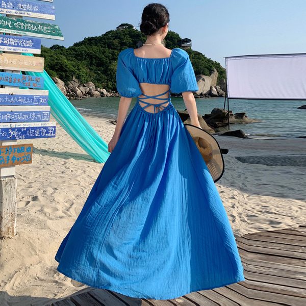 Backless Blue Prairie Dress with High Slit and Square Neck - Vintage French Vacation Style with Large Skirt