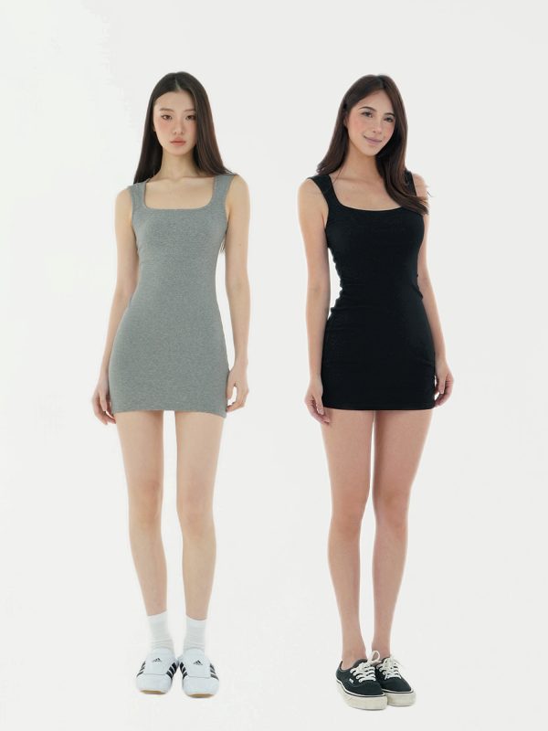 Basic Square Neck Sleeveless Fitted Stretchy Bodycon Dress - Perfect for 90s or Y2K Style, Essential for Every Wardrobe
