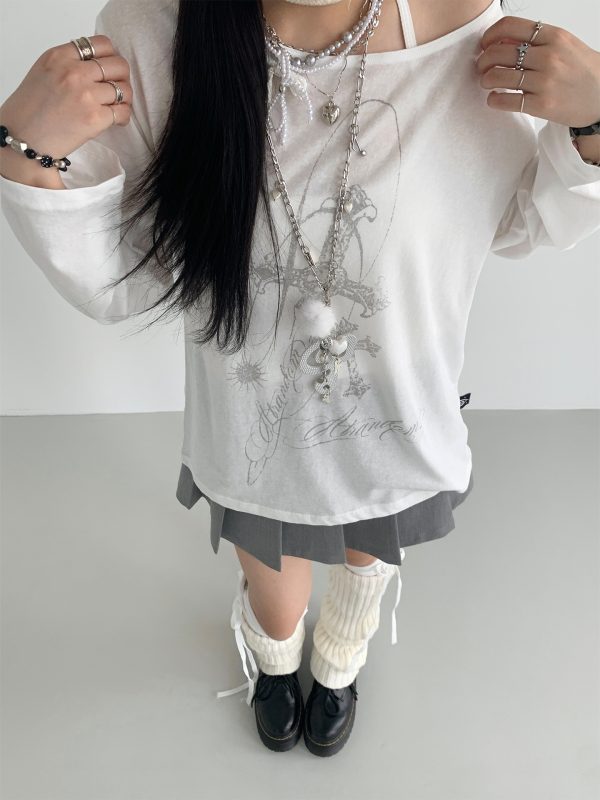 Basil Off-Shoulder One-Shoulder Sheer Long Sleeve Cold Shoulder Top for Sun Protection - Trendy Original Print Fashion Top