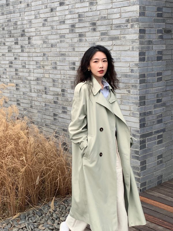Bean Green Mid-Length Trench Coat for Women, Petite Sizes, 2024 Spring Autumn British Korean Style Fashion