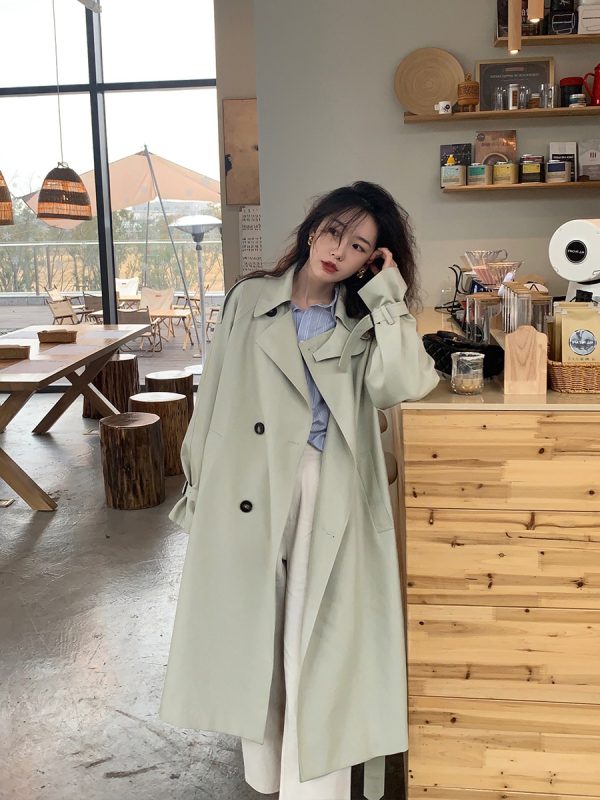 Bean Green Mid-Length Trench Coat for Women, Petite Sizes, 2024 Spring Autumn British Korean Style Fashion